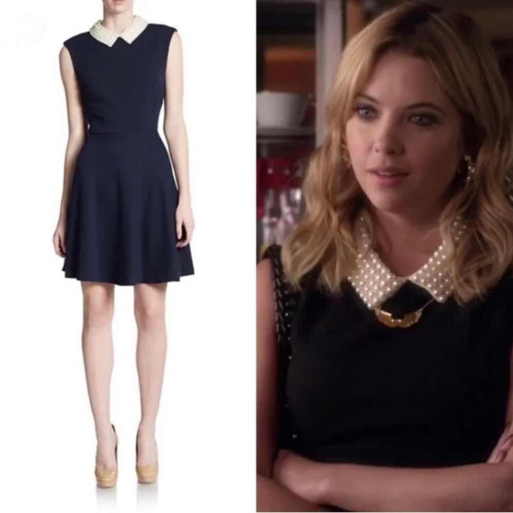 Betsey Johnson Dress Pearl collar Classy elegant Cap Sleeve Fit and Flare navy